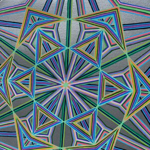May include: Abstract geometric artwork on a silver background. The design features a symmetrical pattern of colourful lines in shades of blue, green, pink, and orange, creating a starburst effect. The artwork is on a square canvas.