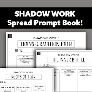 May include: A stack of white cards with black text. The cards are labeled "SHADOW WORK" and feature titles like "TRANSFORMATION PATH," "THE INNER BATTLE," and "ROOTS OF FEAR." The top of the image reads "SHADOW WORK Spread Prompt Book!"