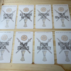 May include: Eight white cards with black text and illustrations. Each card has a different phrase related to emotional well-being, such as "Repressed Emotions", "Old Thought Patterns", "Underlying Cause", "This is How You Heal", "Upsetting News", "Power Struggles", "Reason for Anxiety", and "Need Help in This Area".