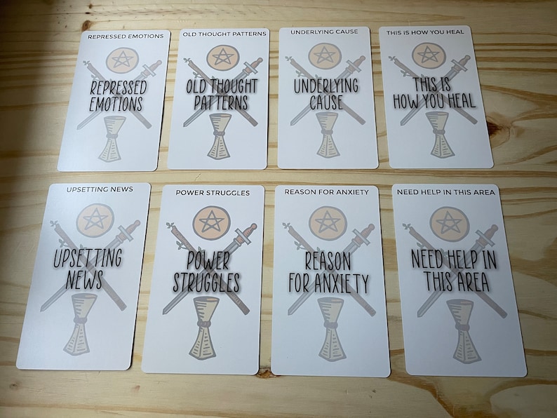 May include: Eight white cards with black text and illustrations. Each card has a different phrase related to emotional well-being, such as "Repressed Emotions", "Old Thought Patterns", "Underlying Cause", "This is How You Heal", "Upsetting News", "Power Struggles", "Reason for Anxiety", and "Need Help in This Area".
