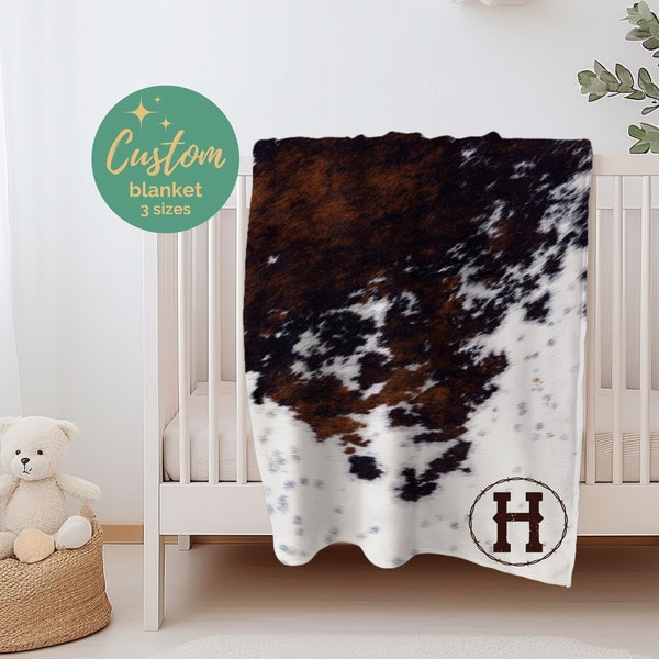 Cowhide print monogram blanket, monogrammed cow blanket gift, western baby blanket, cowgirl cowboy birthday, western monogram blanket gift