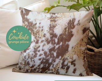 Cowhide Grunge Throw Pillow, western decor pillow, western boho cowhide pillow, modern farmhouse decor pillow, cowhide decor, highland cow