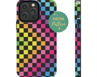 Neon Checkered Phone Case, bright pink cell phone case, neon accessories, iphone 15 pro case, aesthetic phone case, iphone 13 case
