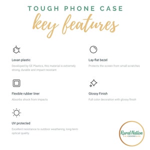 May include: Tough phone case key features: Lexan plastic, lay-flat bezel, flexible rubber liner, glossy finish, UV protected.  Rural Nation Designs.