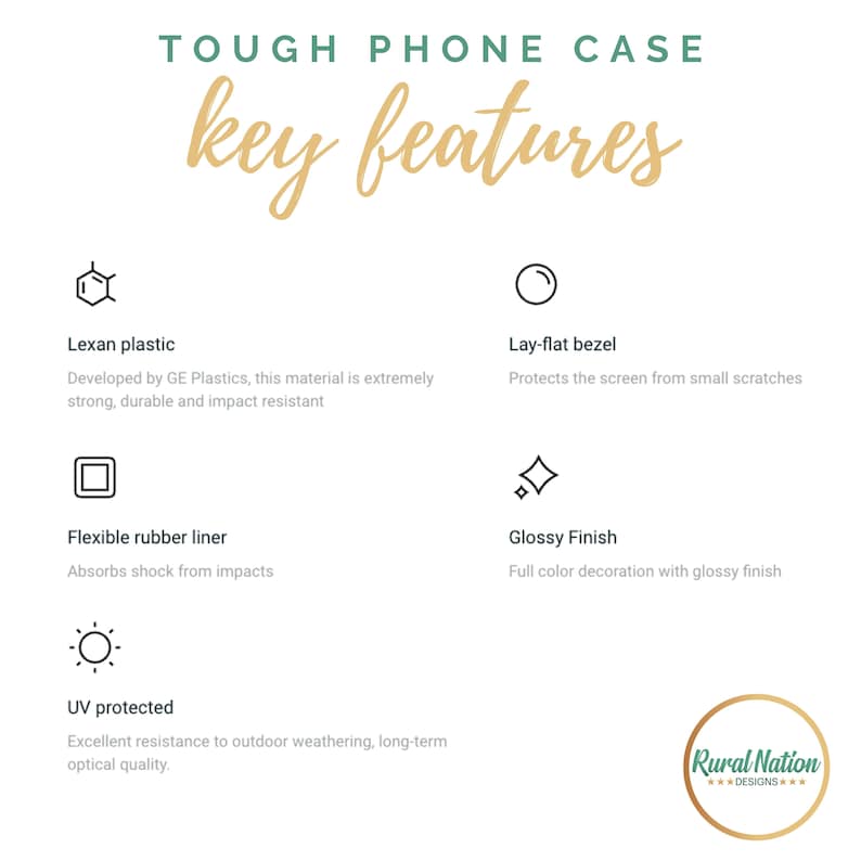 May include: Tough phone case key features: Lexan plastic, lay-flat bezel, flexible rubber liner, glossy finish, UV protected.  Rural Nation Designs.