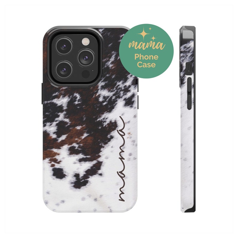 May include: A white, black and brown cowhide phone case with the word "mama" written on the side. The case is designed for a smartphone with a camera bump.