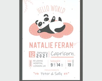 Panda Birth Stats Print, Gift for Newborn, Cute Animal Nursery Print, Panda Wall Art, Nursery Wall Art, Nursery Decor, Custom