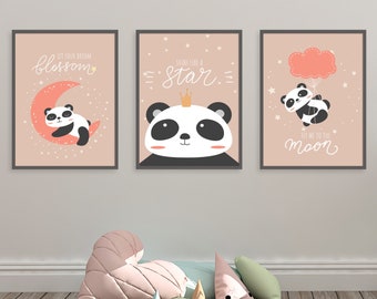 Conjunto de 3 estampados de pandas, decoración de guardería de pandas, estampados de pared de guardería de pandas, estampados para niños, arte de pared, impresiones unisex, conjunto de 3 pandas