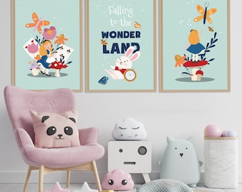 Alice In Wonderland, Fairytale Print, Set of 3 Print, Alice Wall Decor, Nursery Room