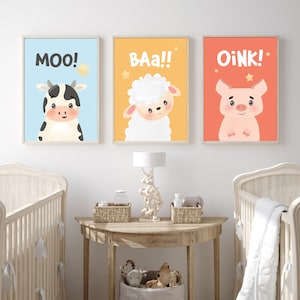 Estampados de animales de granja, el viejo Macdonald tenía una granja, arte de la pared del vivero, conjunto de 3 grabados de vivero, decoración de la habitación del bebé, conjunto de animales de granja, decoración de la pared