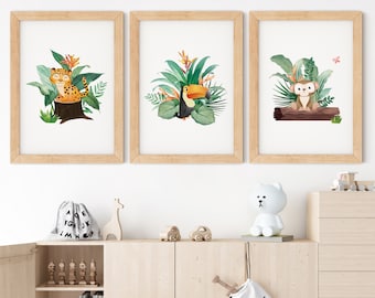 Jungle Nursery Decor, Rainforest Animal Wall Decor, Nursery Wall Art, Set of 3 Nursery Prints, Rainforest Animals Set