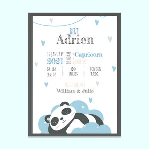 Birth Stats Print, Birth Announcement, Birth Details, Keepsake, Customised, Cute Panda, Gift for Newborn, Nursery/Poster Wall Art,