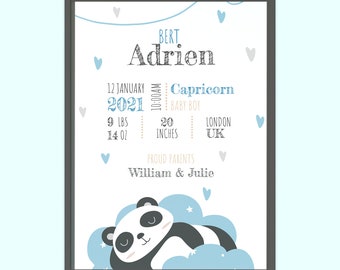 Birth Stats Print, Birth Announcement, Birth Details, Keepsake, Customised, Cute Panda, Gift for Newborn, Nursery/Poster Wall Art,