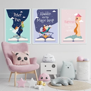 Peter Pan Wall Art, Aladdin and the Magic lamp print, Rapunzel Print, Storybook Wall Art, Set of 3 Print, Childerens Bedroom Decor