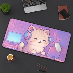 Chibi Cat Gamer Desk Mat: Kawaii Pastel Office Decor