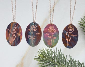 Collana con ciondolo a forma di fiore di nascita in rame dipinto a fiamma
