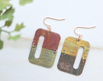 Color Block Asymmetrical Flame Painted Copper Cube Earrings