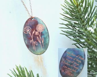 Flame-Painted Copper Pendant Necklace with Customizable Engraved Birth Month Flowers