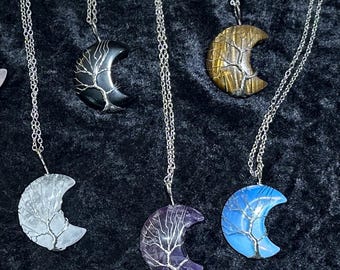 Wire Wrapped Tree of Life Crescent Moon Pendant