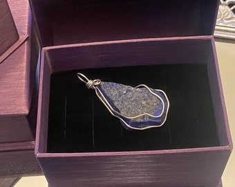 Natural Rough Lapis Lazuli Stone Wire Wrapped Pendant in Sterling Silver - Handmade
