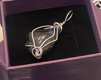 Natural Tumbled Black Tourmaline Stone Wire Wrapped Pendant in Sterling Silver - Handmade