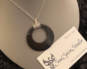 Handmade Natural Shungite Circle Donut Pendant in Sterling Silver