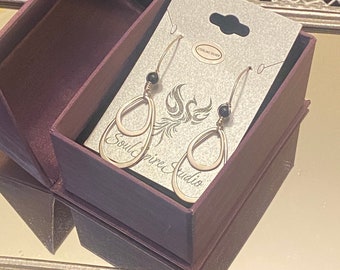 Double Open Teardrop Earrings with Black Obsidian in Sterling Silver - Handmade