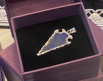 Lapis Lazuli Natural Stone Arrowhead Electroplated Pendant in Sterling Silver - Handmade
