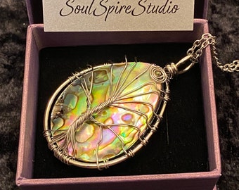 Natural Abalone Shell Tree of Life Pendant in Sterling Silver - Handmade