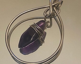 Sterling Silver Oval Frame Pendant with Wire Wrapped Amethyst Drop - Handmade