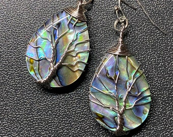 Natural Abalone Shell Tree of Life Earrings in Sterling Silver - Handmade