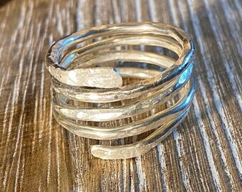 Handmade Hammered Sterling Silver Wrap Ring – Adjustable Multi Wrap Design