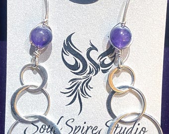 Sterling Silver Triple Circle Amethyst Earrings - Handmade