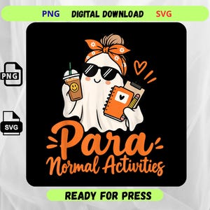 May include: A digital graphic design featuring a white ghost wearing black sunglasses and an orange floral headband. The ghost holds an iced coffee and an orange notebook with a pencil. The text reads Para Normal Activities in orange.