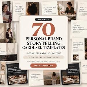 Peut inclure: Un ensemble de 70 modèles de carrousel pour le storytelling de marque personnelle, modifiables sur Canva et PowerPoint. Le visuel central affiche le texte 70 PERSONAL BRAND STORYTELLING CAROUSEL TEMPLATES et DIGITAL DOWNLOAD.