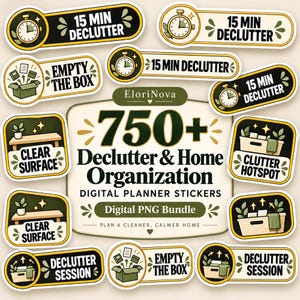 Könnte beinhalten: Eine Sammlung digitaler Planer-Sticker in Dunkelgrün, Creme und Gold. Das zentrale Etikett zeigt 750+ Declutter & Home Organization Digital PNG Bundle. Die Sticker enthalten Texte wie 15 Min Declutter, Empty The Box, Clear Surface, Clutter Hotspot und Declutter Session sowie Symbole von Uhren, Boxen und Regalen.