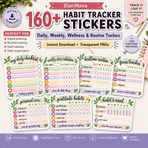 May include: A collection of 160+ digital habit tracker stickers featuring pastel-colored daily, weekly, wellness, and routine planners. Each sticker includes floral accents and specific labels like my daily checklist, weekly chore rotation, and gratitude habits.