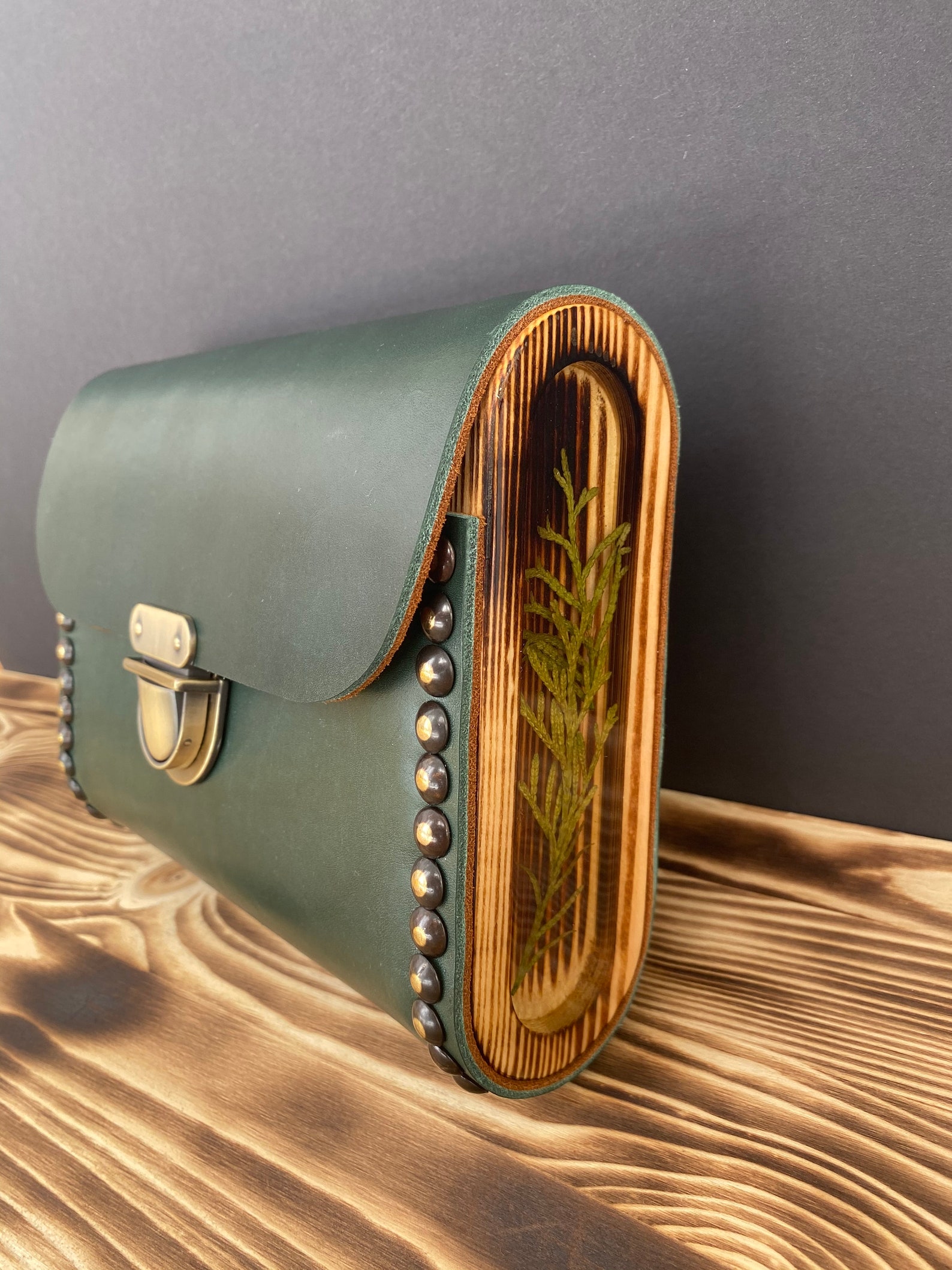 Emerald wood and leather bag wooden bag with epoxy resin tan Etsy