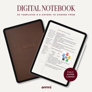May include: A digital notebook with the text "DIGITAL NOTEBOOK" at the top. The image shows a brown notebook and a tablet with a stylus. The tablet displays a document with bullet points and the text "FULLY HYPER LINKED".