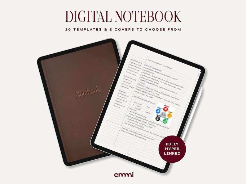 May include: A digital notebook with the text "DIGITAL NOTEBOOK" at the top. The image shows a brown notebook and a tablet with a stylus. The tablet displays a document with bullet points and the text "FULLY HYPER LINKED".