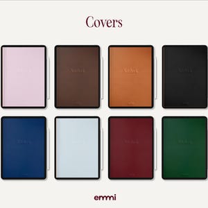 May include: An assortment of eight tablet covers in various colors, including pink, brown, orange, black, blue, white, burgundy, and green. Each cover has a black frame and a stylus. The word "Covers" is at the top, and the brand name "emmi" is at the bottom.