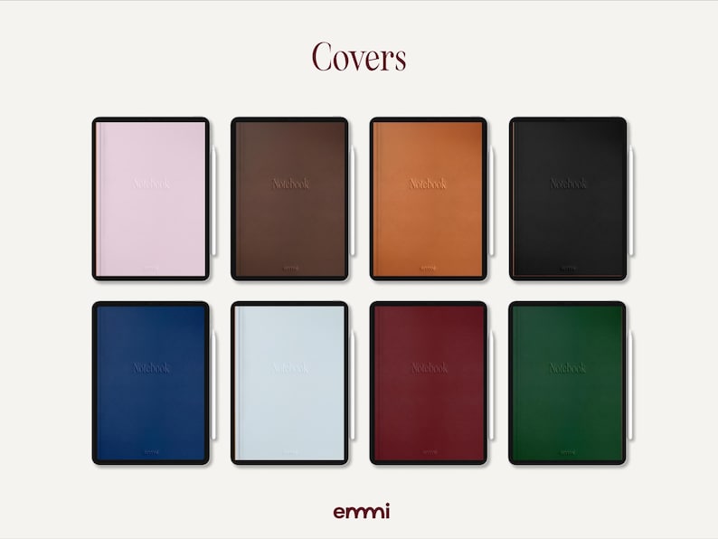 May include: An assortment of eight tablet covers in various colors, including pink, brown, orange, black, blue, white, burgundy, and green. Each cover has a black frame and a stylus. The word "Covers" is at the top, and the brand name "emmi" is at the bottom.