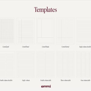 May include: A digital graphic featuring various templates for note-taking and organization. The templates include Cornell grid, lined, blank, and dotted styles, along with checklist and table formats. The word "Templates" is at the top, and the brand name "ermi" is at the bottom.