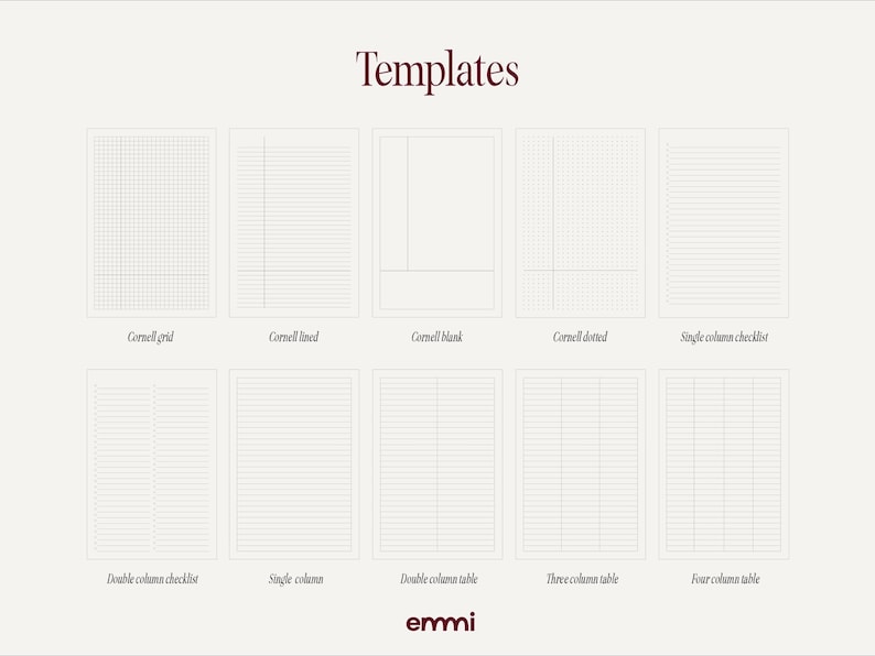 May include: A digital graphic featuring various templates for note-taking and organization. The templates include Cornell grid, lined, blank, and dotted styles, along with checklist and table formats. The word "Templates" is at the top, and the brand name "ermi" is at the bottom.
