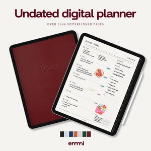 Op de afbeelding: Een ongedateerde digitale planner met meer dan 2000 hyperlinked pagina's, voorzien van een donkerrode kaft met het woord Planner in reliëf, weergegeven naast een tabletscherm met een weekschema met kleurrijke iconen en de merknaam emmi.