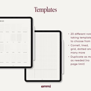 May include: Two black tablets with white styluses, displaying note-taking templates. The word "Templates" is at the top. Text on the right side lists features: 20 templates, Cornell, lined, grid, dotted, and no page limit.