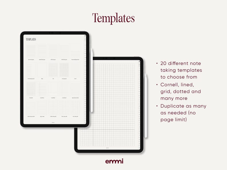 May include: Two black tablets with white styluses, displaying note-taking templates. The word "Templates" is at the top. Text on the right side lists features: 20 templates, Cornell, lined, grid, dotted, and no page limit.