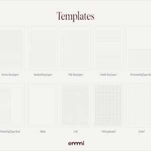 May include: A collection of paper templates with various line styles, including narrow, standard, and wide-lined options. Other templates include double-lined, horizontal half-page lined, portrait half-page lined, blank, grid, grid segmented, and dotted. The word "Templates" is at the top.