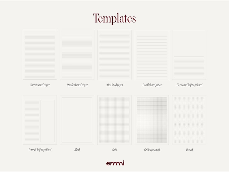 May include: A collection of paper templates with various line styles, including narrow, standard, and wide-lined options. Other templates include double-lined, horizontal half-page lined, portrait half-page lined, blank, grid, grid segmented, and dotted. The word "Templates" is at the top.