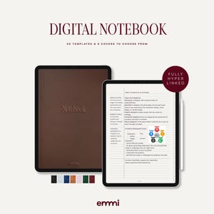 Puede incluir: Un cuaderno digital con una cubierta marrón y la palabra "Notebook" en relieve en la parte delantera. La imagen también muestra una tableta que muestra una página de notas, un lápiz óptico y el texto "DIGITAL NOTEBOOK".